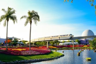EPCOT monorail and Spaceship Earth at Walt Disney World in Orlando